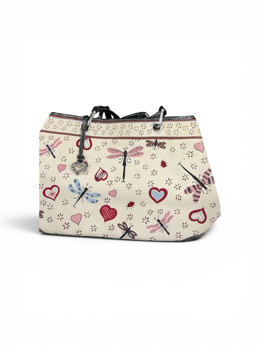 Brighton Cream Canvas Tote with Pink and Red Heart & Dragonfly Print